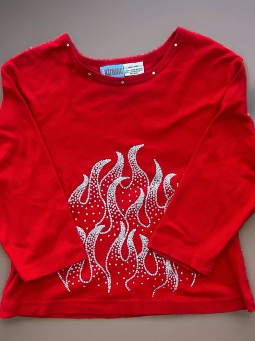 Y2K Goth Extreme Red Silver Sparkle Rhinestone Crewneck Flame Top Size Large